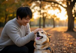 犬をなでる