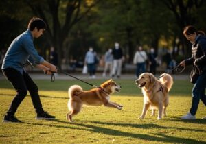 散歩している柴犬