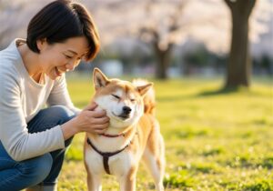 芝犬をなでている